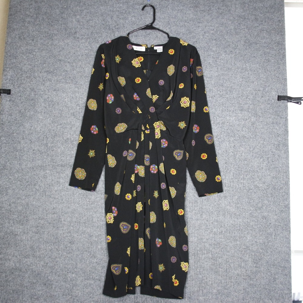 Vintage CHAUS Black Paisley Print Long Sleeve Midi Dress Size 10‎